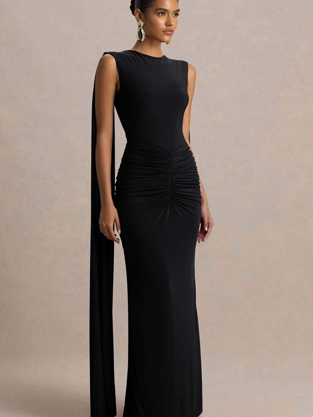 Club L London Black Ruched Maxi Gown with Draped Cape